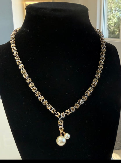 Byzantine Pearl Necklace Chain: Two-Tone Gold & Silver Necklace