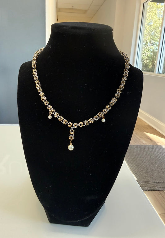 Byzantine Pearl Necklace Chain: Two-Tone Gold & Silver Necklace