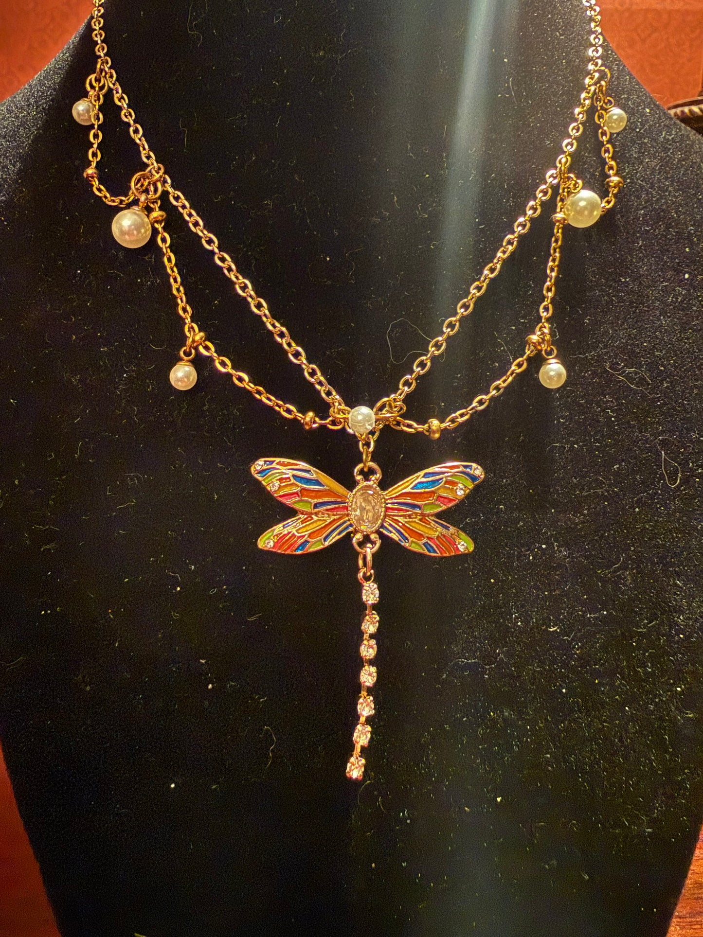 Stainglass Dragon Fly and Pearl Necklace