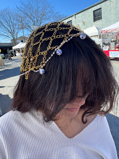 Fine China Gold Chainmail Veil with Peals