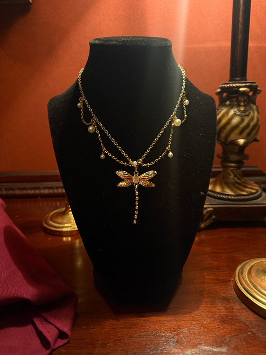 Stainglass Dragon Fly and Pearl Necklace